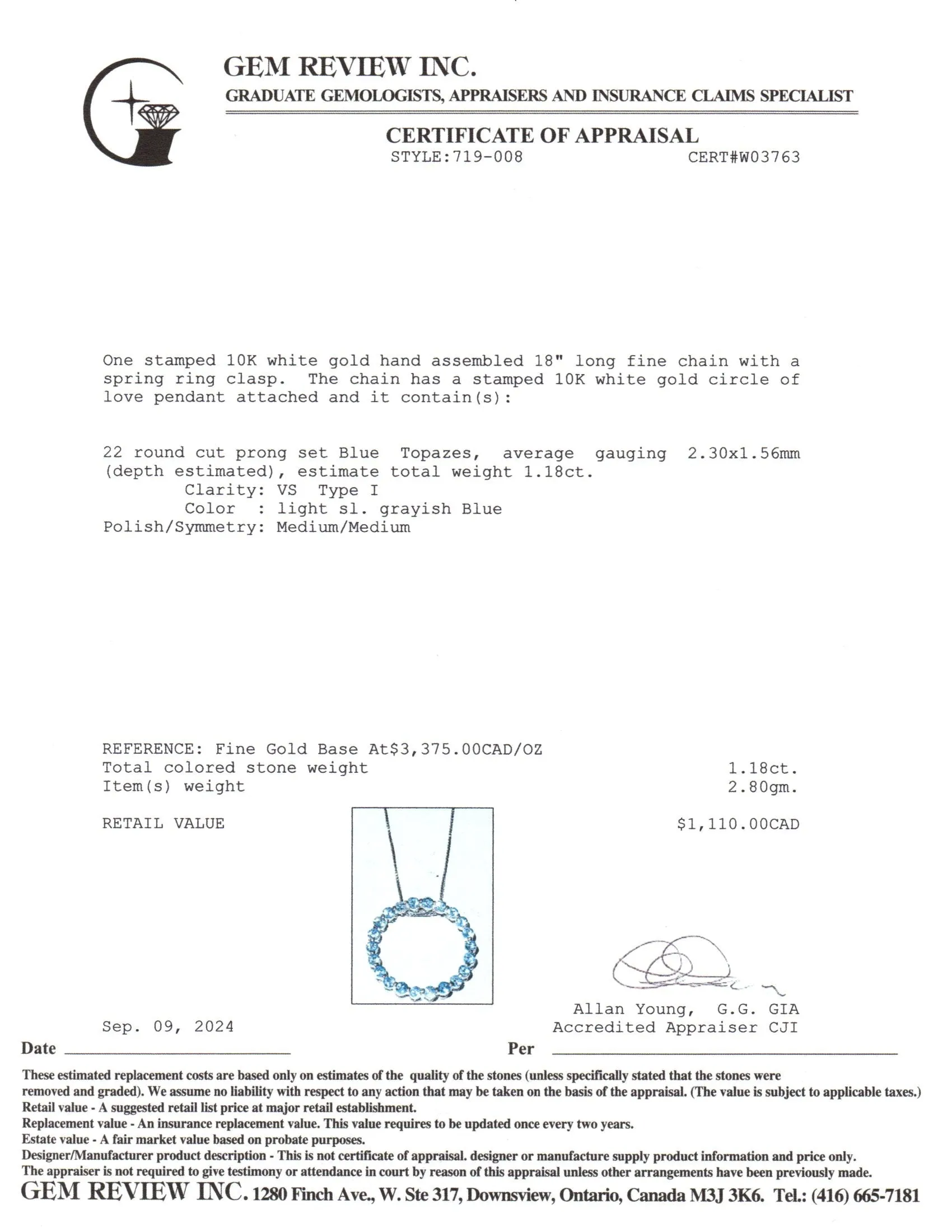 10k White Gold Circle Blue Topaz Pendant Necklace | 1.18ctw | 18"