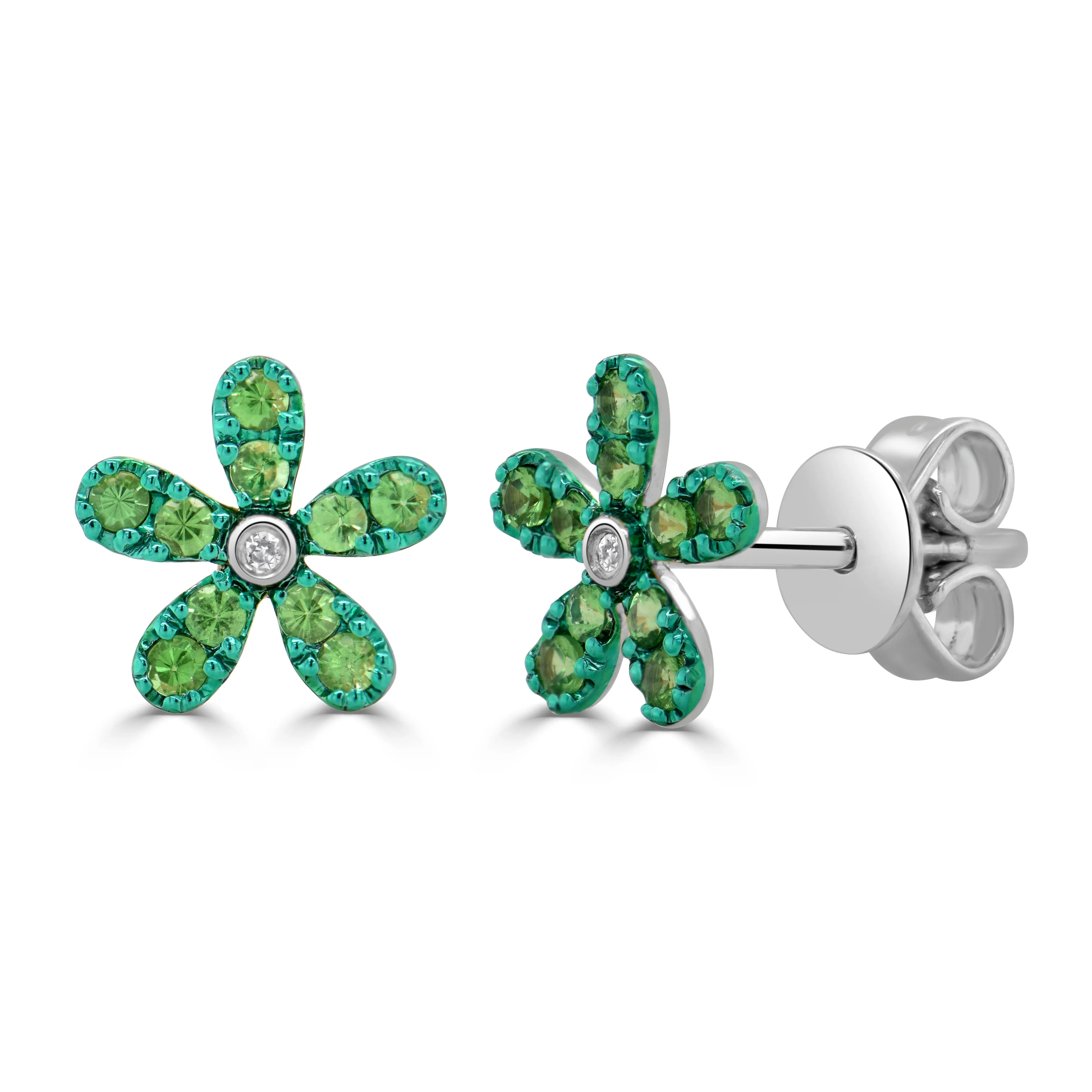 14K Gold Gemstone & Diamond Flower Stud Earrings