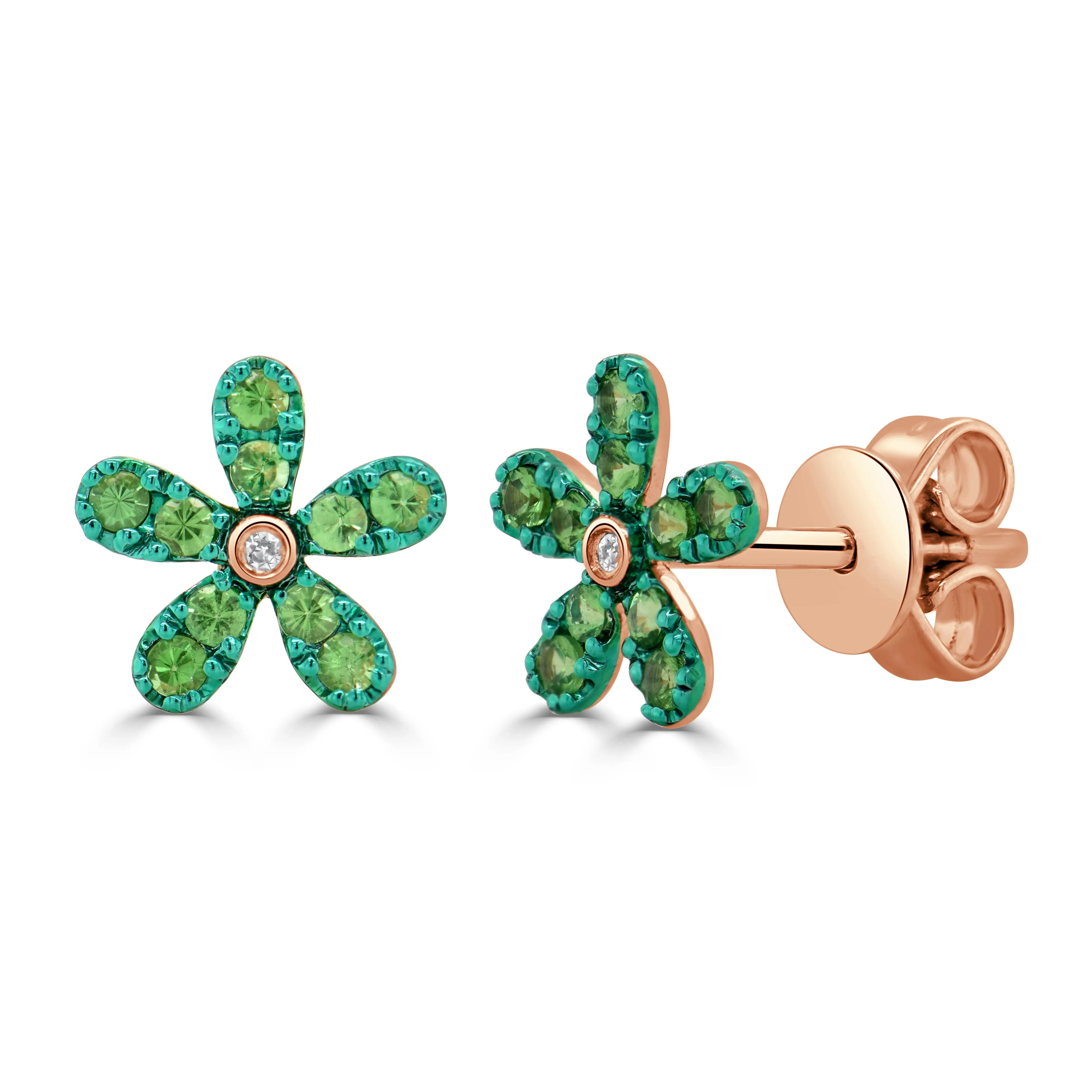 14K Gold Gemstone & Diamond Flower Stud Earrings