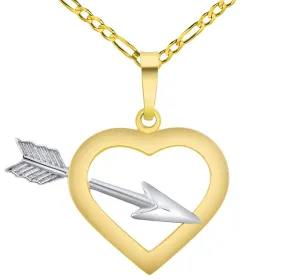 14k Two-Tone Gold 3D Love Arrow Through Open Heart Charm Pendant Figaro Chain Necklace