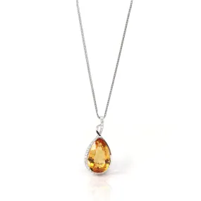 14k White Gold AAA Citrine Tear Drop Necklace with Diamonds