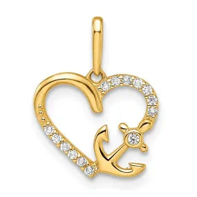 14k Yellow Gold Polished Finish Open Back Women's Cubic Zirconia Stones Heart with Anchor Design Charm Pendant