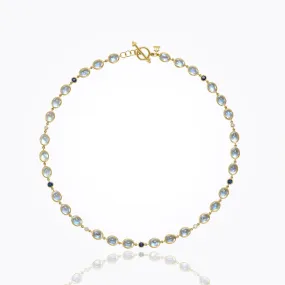 18K Classic Oval Necklace with Royal Blue Moonstone, faceted blue sapphire and diamond