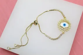 18K Gold Filled Adjustable Box Chain Bracelet With Clear CZ Stones On A Evil Eye Charm (I141)