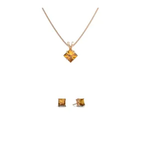 18K Rose Gold 2ct Citrine Square 18 Inch Necklace and Earrings Set Plated