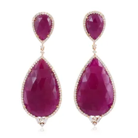 18K Rose Gold Prong Pear Cut Ruby Gemstone Baguette Diamond Drop Earrings For Valentine Day Gift