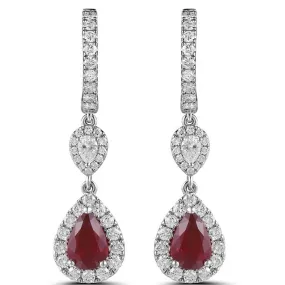 18K White Gold Diamond Hoop Earring with Pear Ruby and Pear Diamond with Halo Dangle