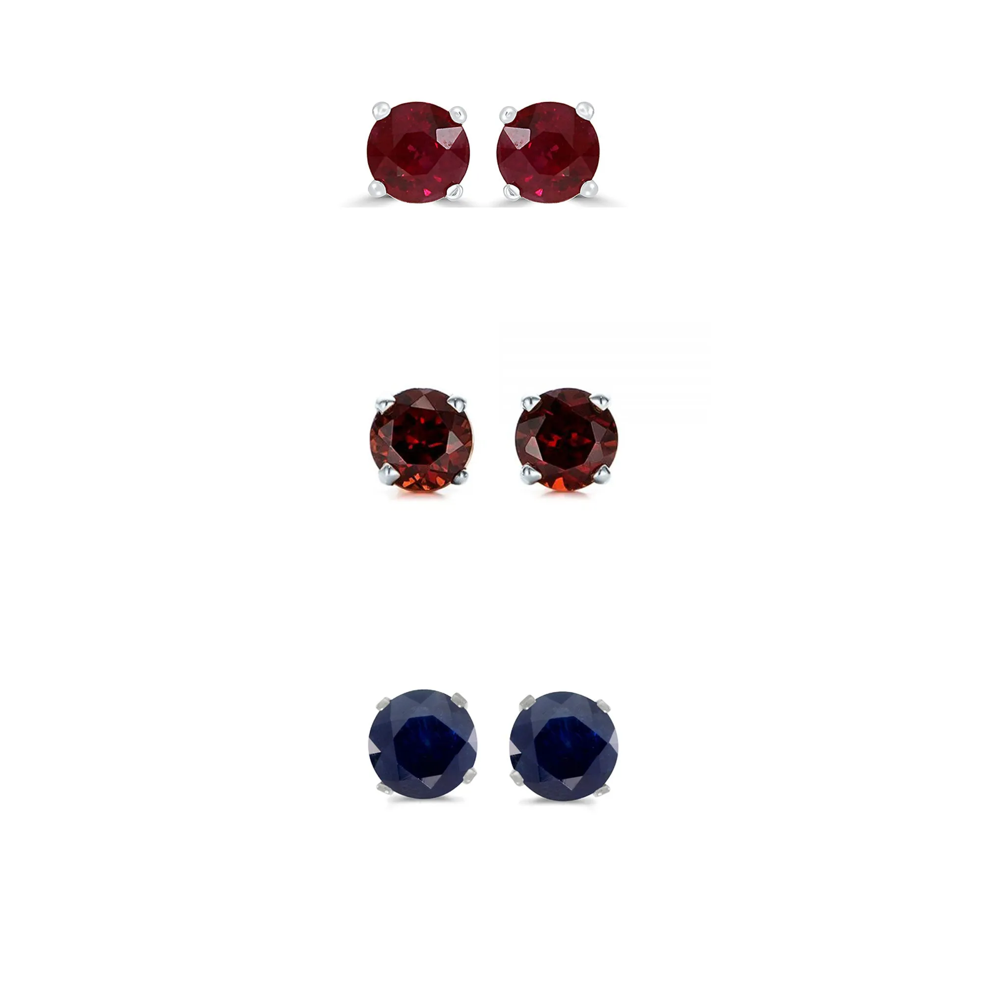 18k White Gold Plated 1Ct Created Ruby, Garnet and Black Sapphire 3 Pair Round Stud Earrings