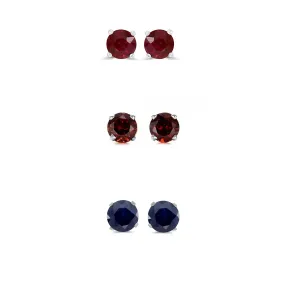 18k White Gold Plated 1Ct Created Ruby, Garnet and Black Sapphire 3 Pair Round Stud Earrings