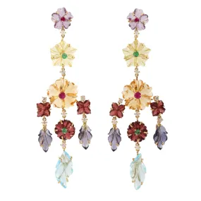 18k Yellow Gold Carved Flower Gemstone Dangle Earrings Handmade Jewelry