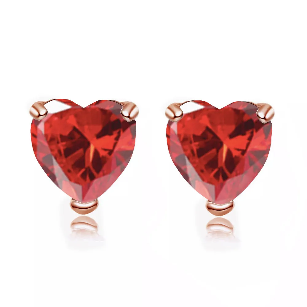 24k Rose Gold Plated 3 Carat Heart Created Ruby Stud Earrings