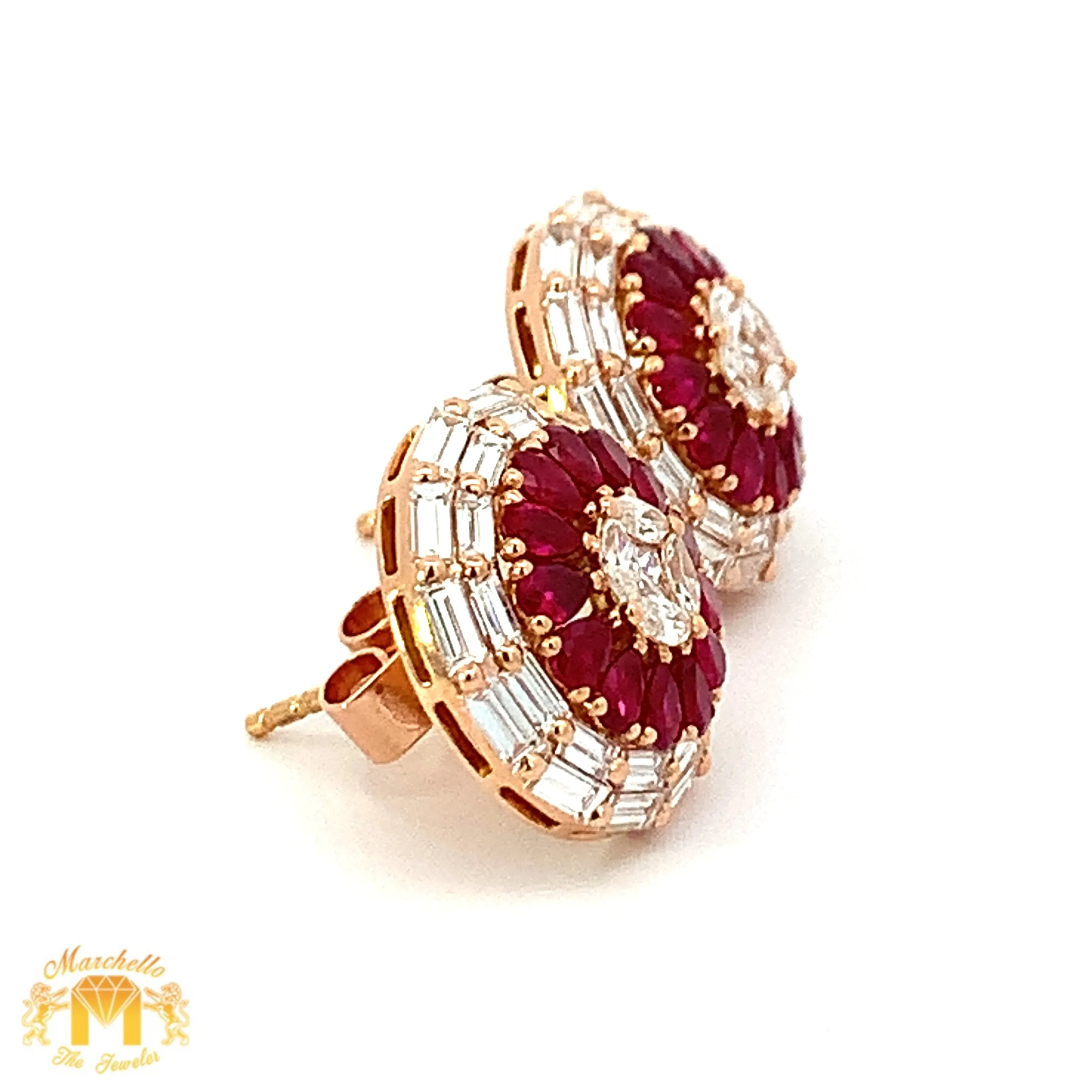 3 piece deal: VVS/vs high clarity diamonds set in a 18k Gold Pear Cut Ruby Stone Circle Ring  Earrings with Baguette and Round Diamonds   Gift from Marchello the Jeweler