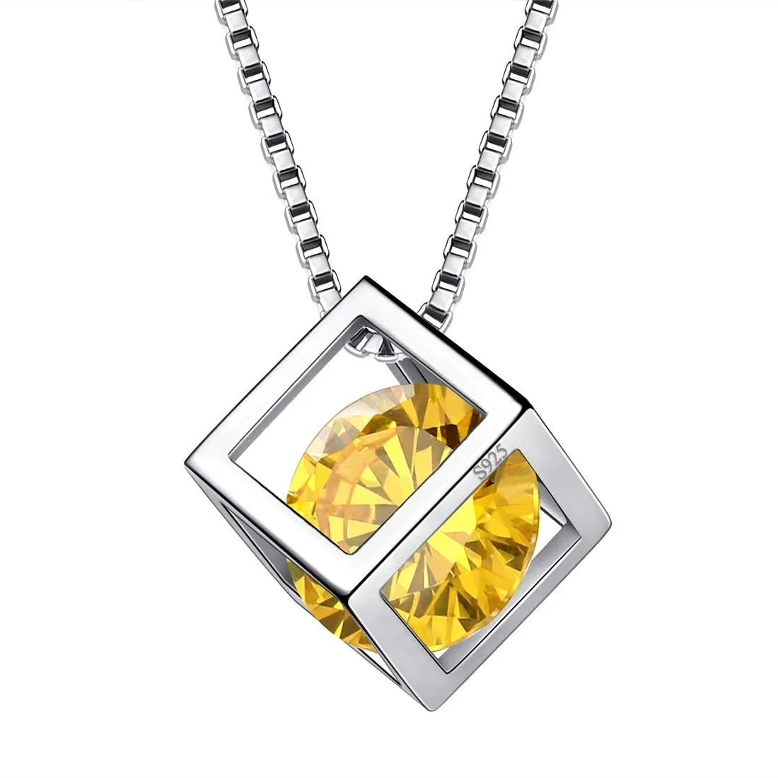 3D Cube Birthstone November Citrine Necklace Pendant Women Girls Jewelry Birthday Gift Sterling Silver