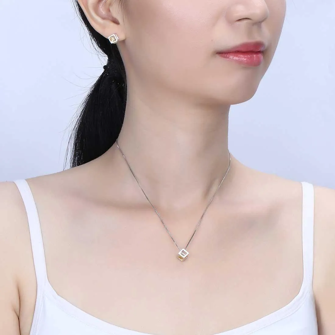 3D Cube Birthstone November Citrine Necklace Pendant Women Girls Jewelry Birthday Gift Sterling Silver