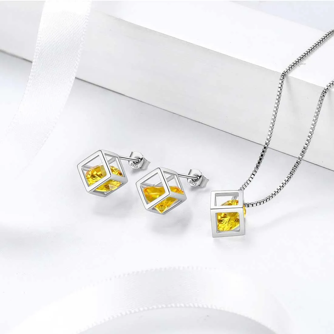 3D Cube Birthstone November Citrine Necklace Pendant Women Girls Jewelry Birthday Gift Sterling Silver