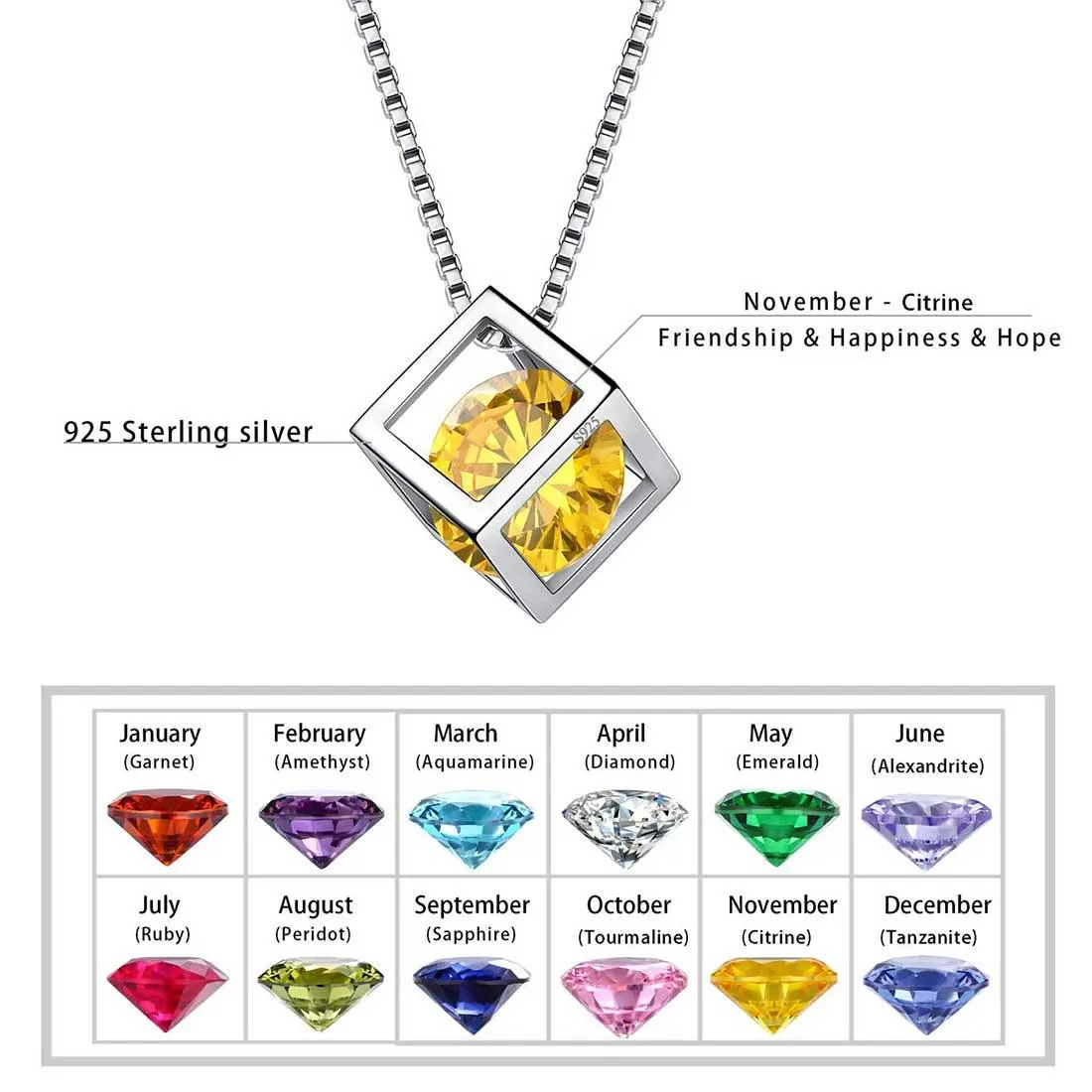 3D Cube Birthstone November Citrine Necklace Pendant Women Girls Jewelry Birthday Gift Sterling Silver