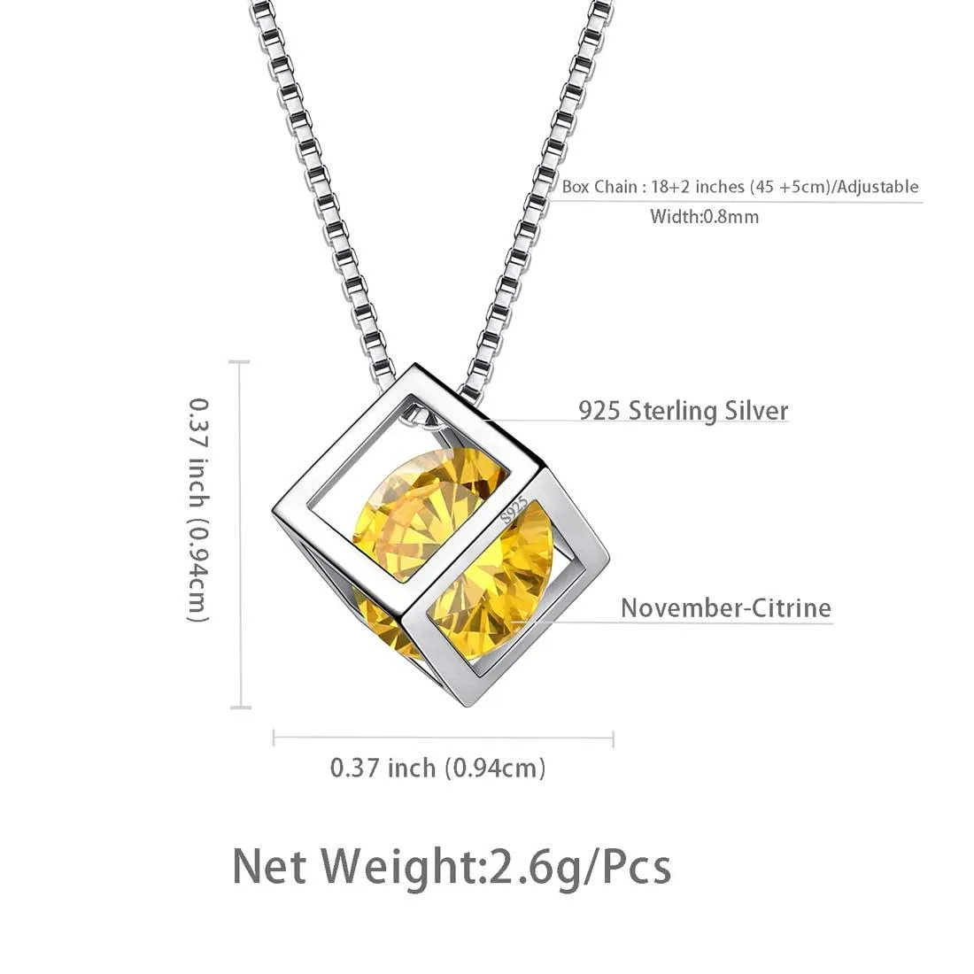 3D Cube Birthstone November Citrine Necklace Pendant Women Girls Jewelry Birthday Gift Sterling Silver