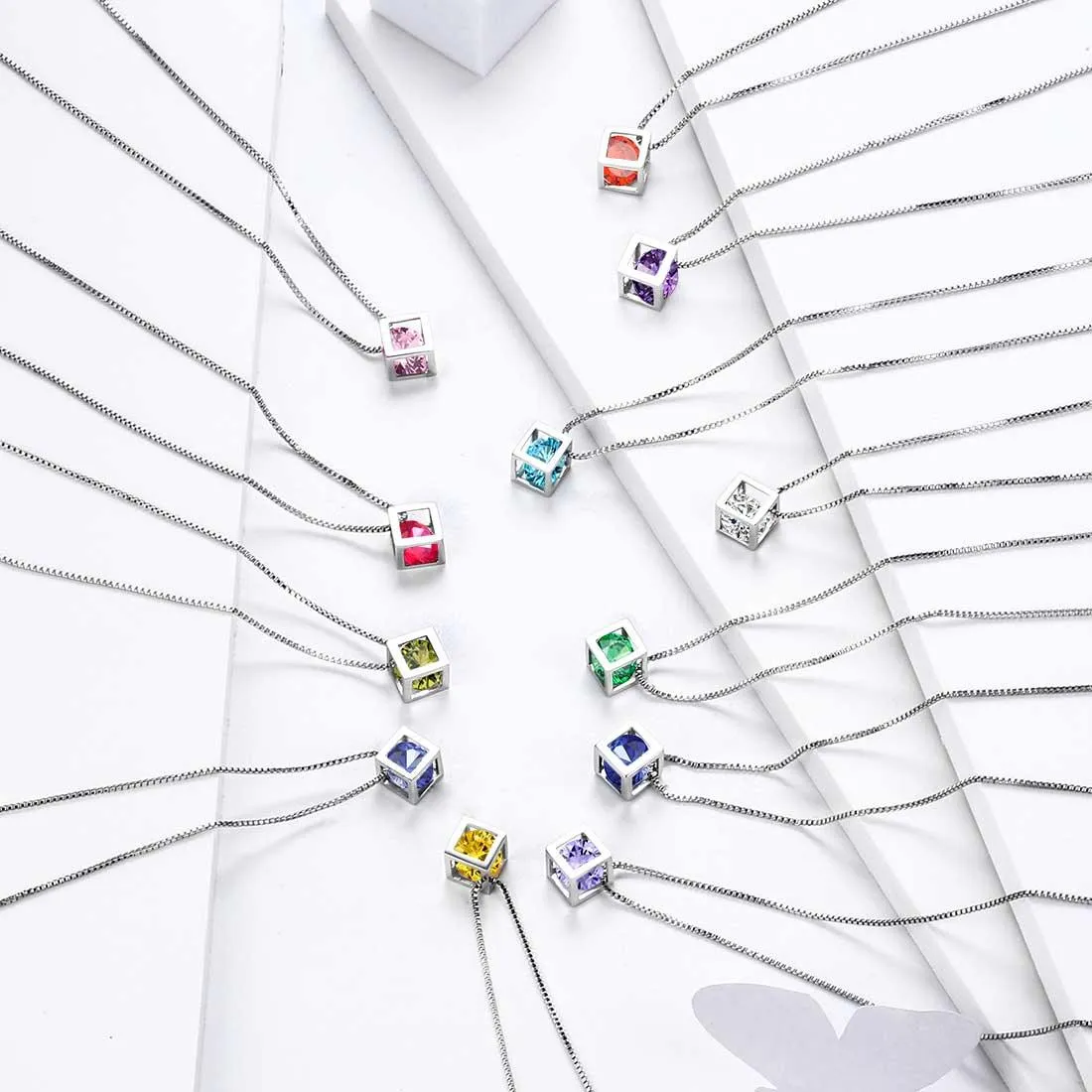 3D Cube Birthstone November Citrine Necklace Pendant Women Girls Jewelry Birthday Gift Sterling Silver