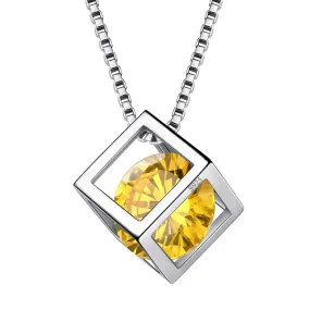 3D Cube Birthstone November Citrine Necklace Pendant Women Girls Jewelry Birthday Gift Sterling Silver