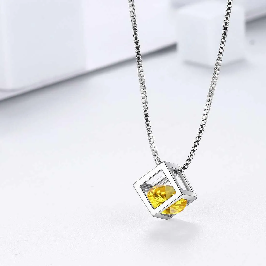 3D Cube Birthstone November Citrine Necklace Pendant Women Girls Jewelry Birthday Gift Sterling Silver