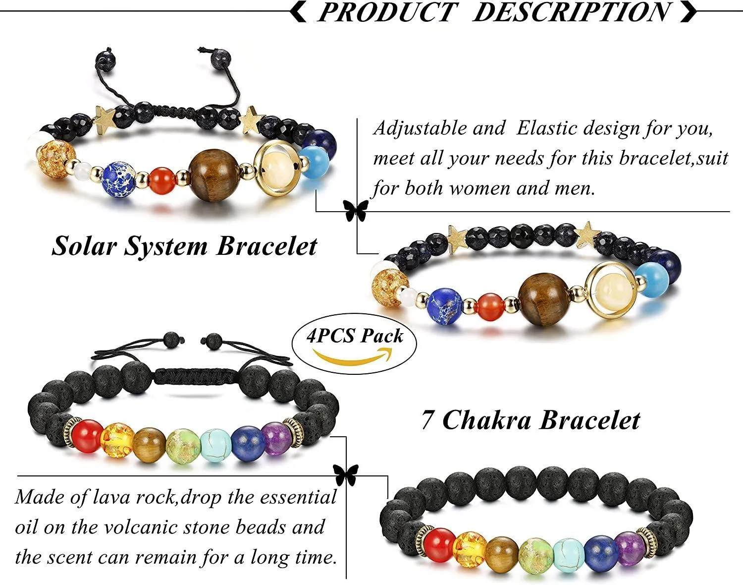 4 Pcs Solar System & Chakra Stone Diffuser Bead Bracelets Set