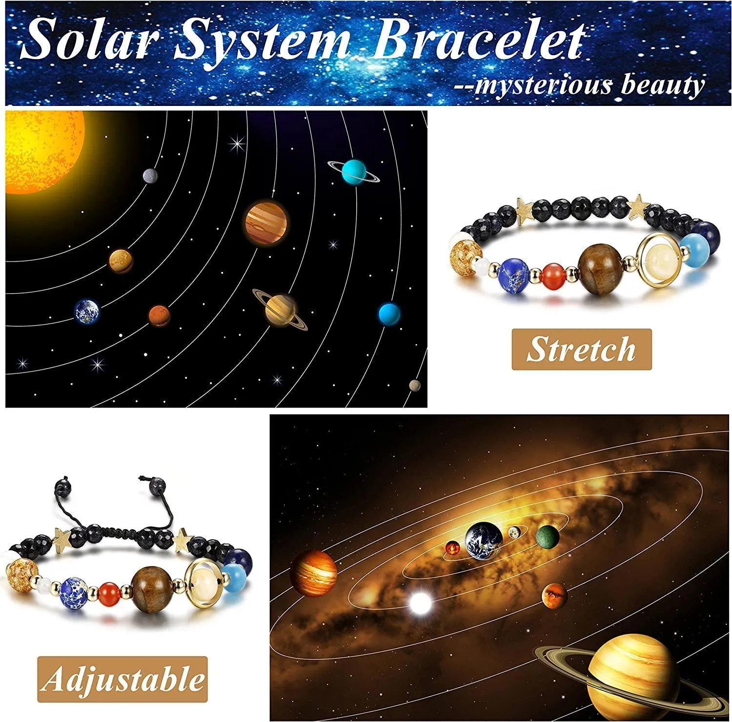 4 Pcs Solar System & Chakra Stone Diffuser Bead Bracelets Set