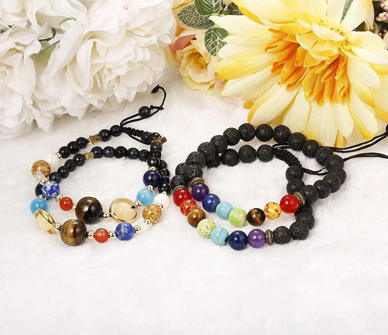 4 Pcs Solar System & Chakra Stone Diffuser Bead Bracelets Set