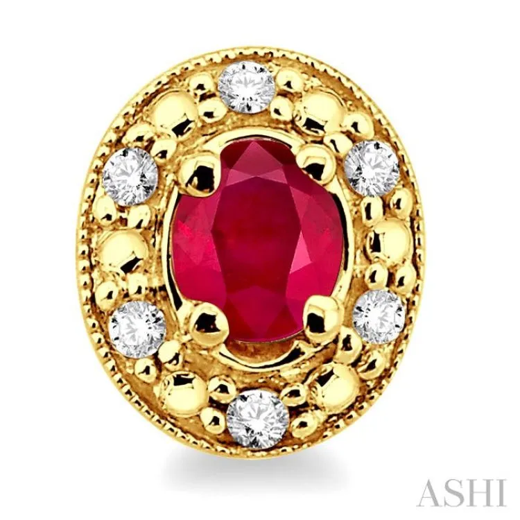 4x3mm Oval Shaped Ruby and 1/10 Ctw Single Cut Diamond Earrings in 10K Yellow Gold