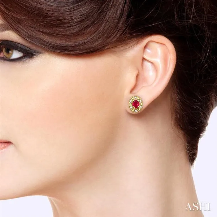 4x3mm Oval Shaped Ruby and 1/10 Ctw Single Cut Diamond Earrings in 10K Yellow Gold