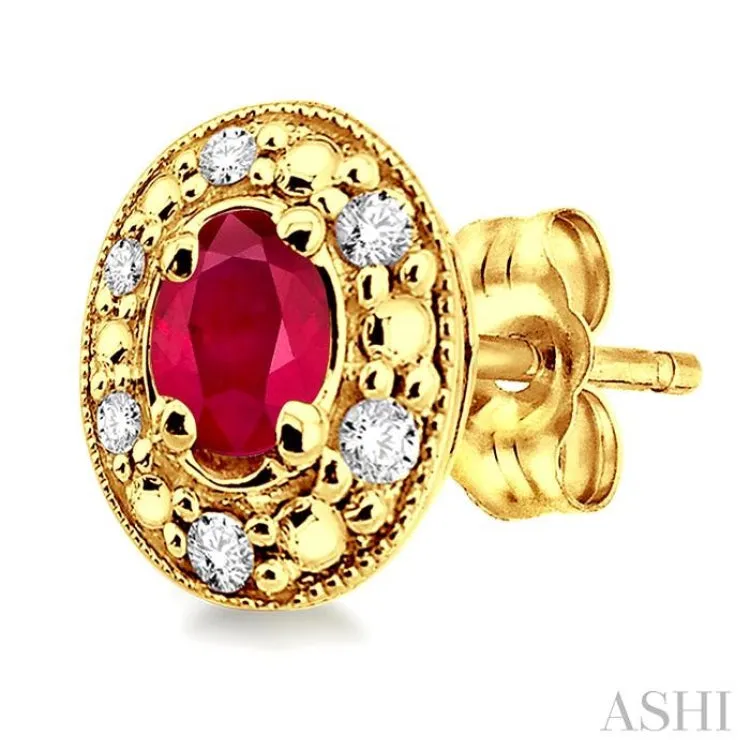 4x3mm Oval Shaped Ruby and 1/10 Ctw Single Cut Diamond Earrings in 10K Yellow Gold