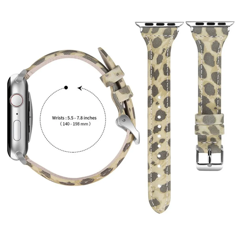Apple Watch (45mm) leopard pattern cowhide genuine leather watch strap - Army Green Leopard