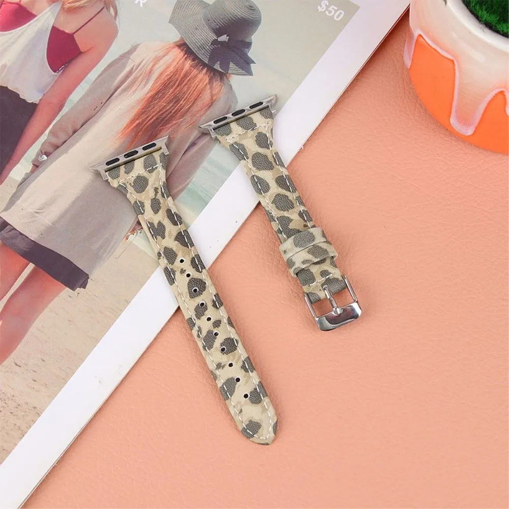 Apple Watch (45mm) leopard pattern cowhide genuine leather watch strap - Army Green Leopard