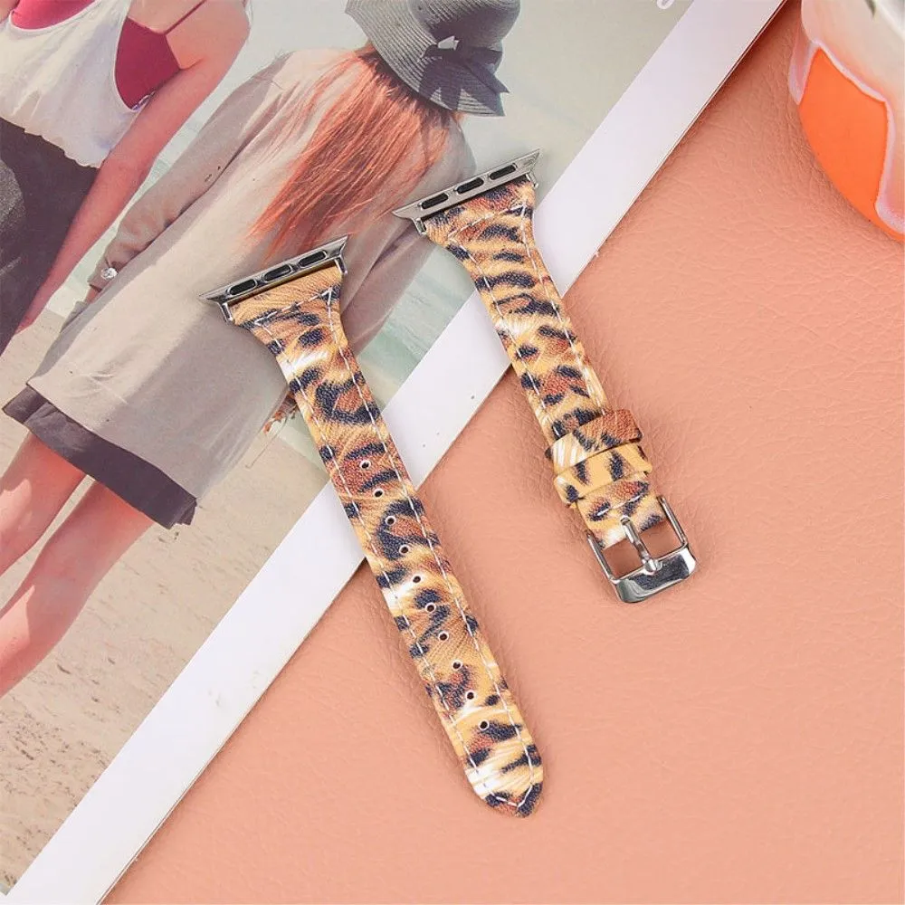 Apple Watch (45mm) leopard pattern cowhide genuine leather watch strap - Brown / Black Leopard
