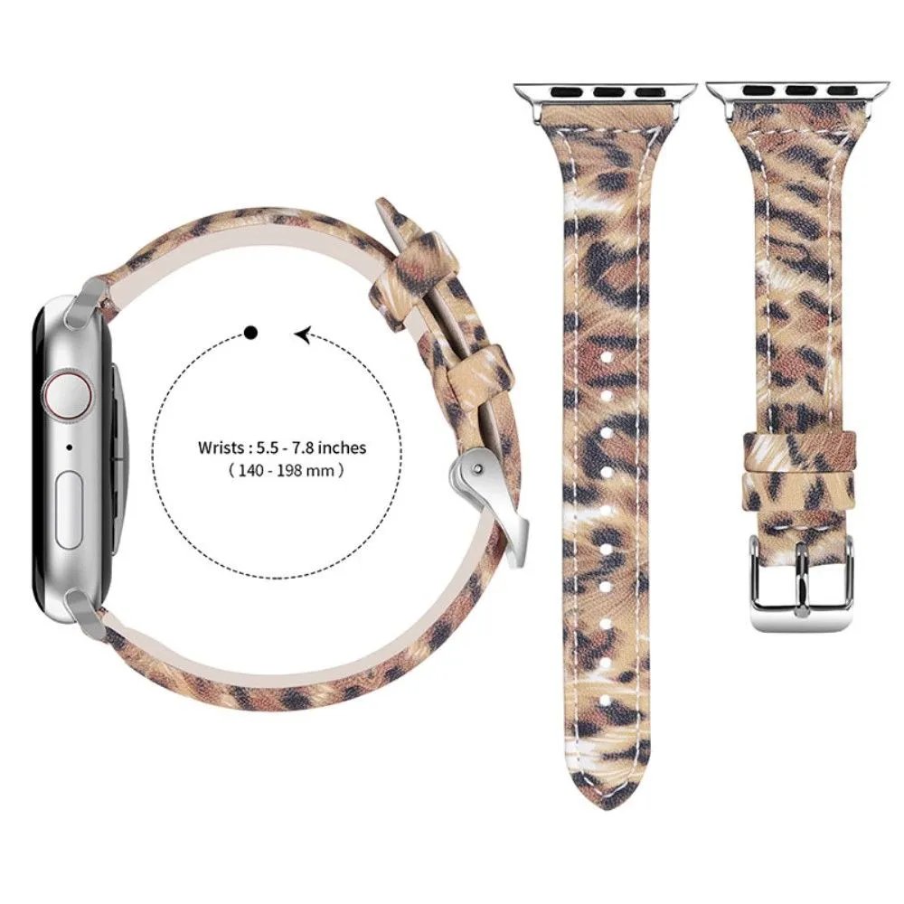 Apple Watch (45mm) leopard pattern cowhide genuine leather watch strap - Brown / Black Leopard