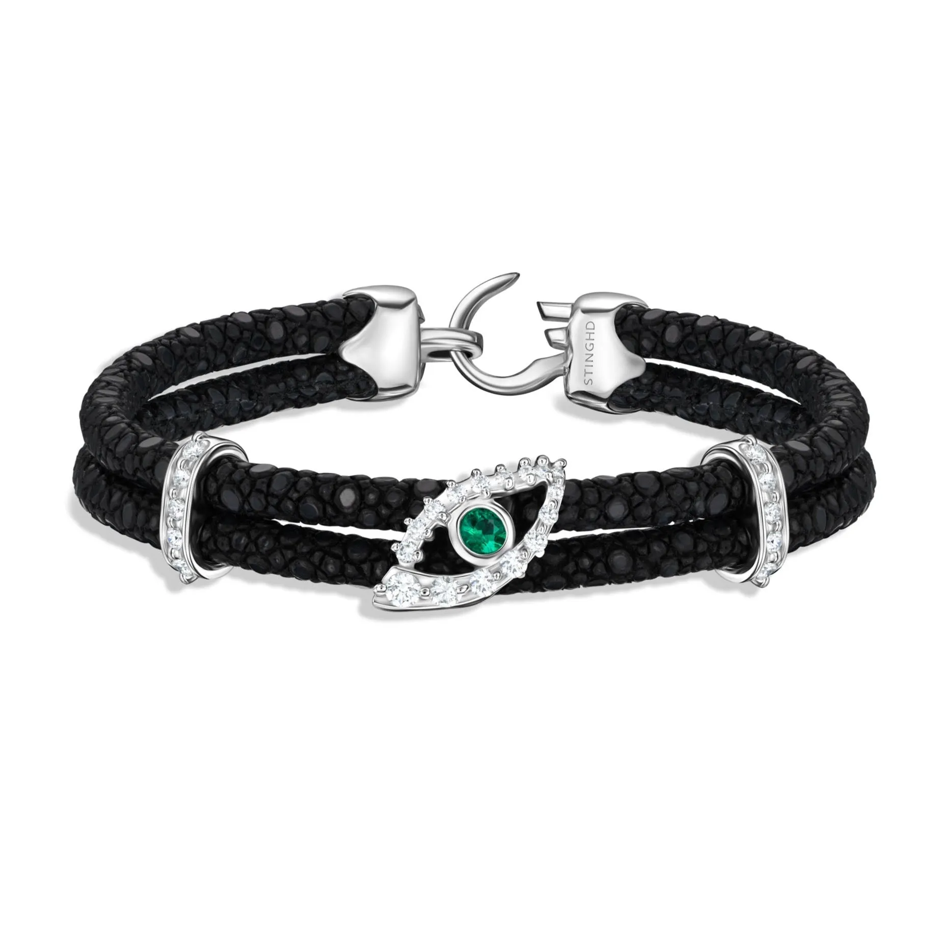 B487  Emerald Evil Eye White Diamonds with Diamond Columns