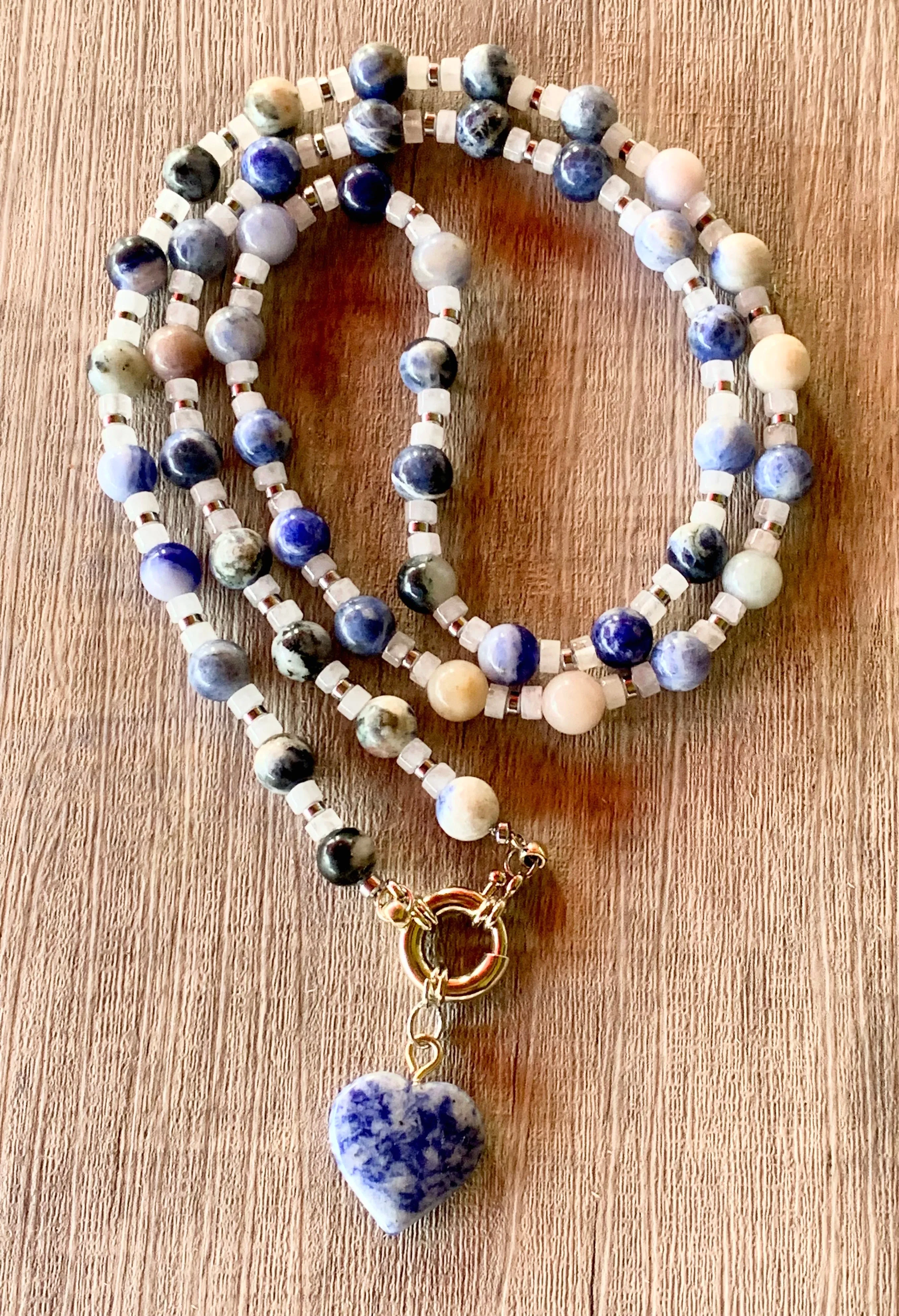 Belinda Handmade Sodalite, Moonstone, and Silver Plated Hematite 30" Necklace with Sodalite Heart Pendant