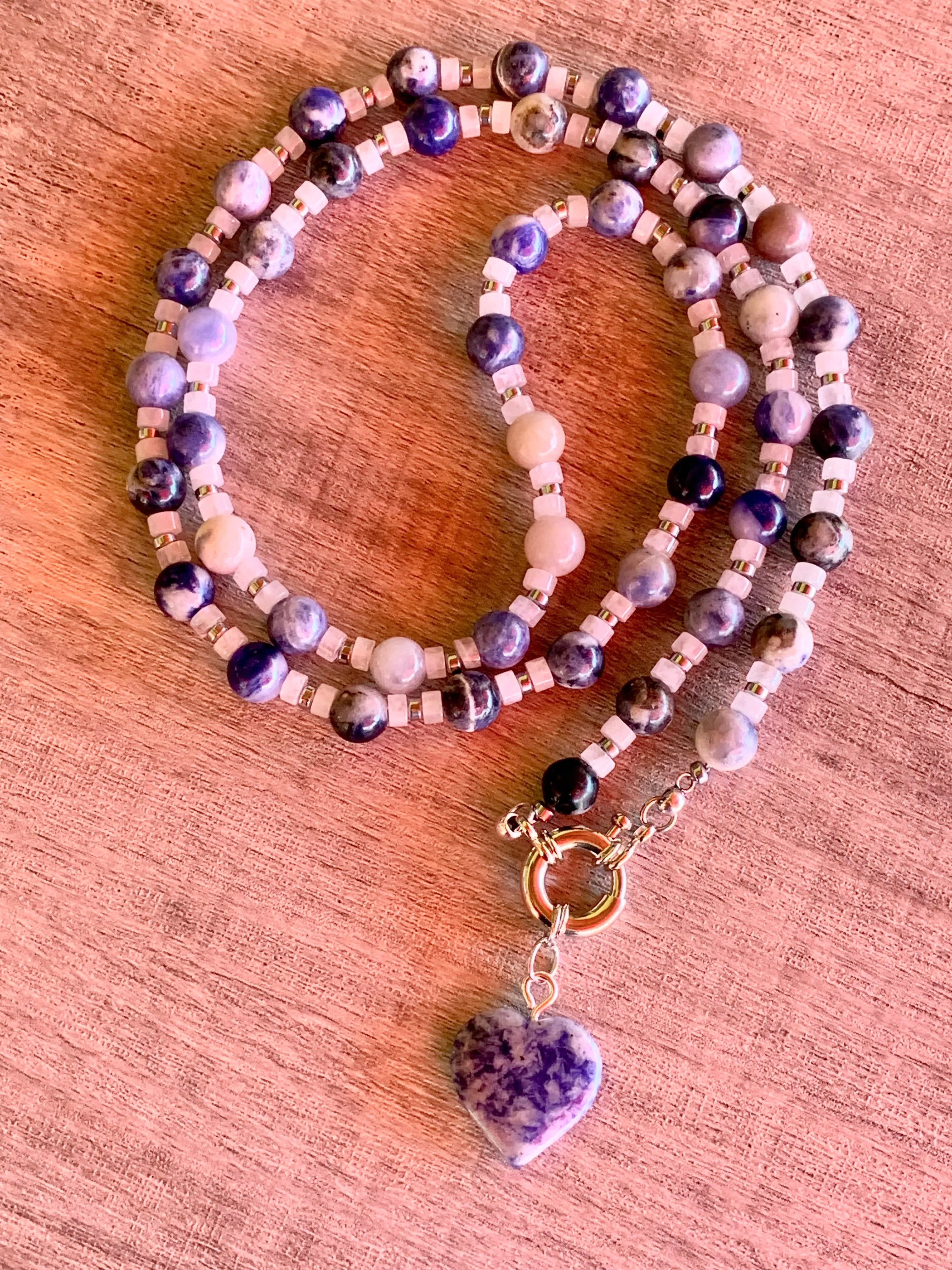 Belinda Handmade Sodalite, Moonstone, and Silver Plated Hematite 30" Necklace with Sodalite Heart Pendant