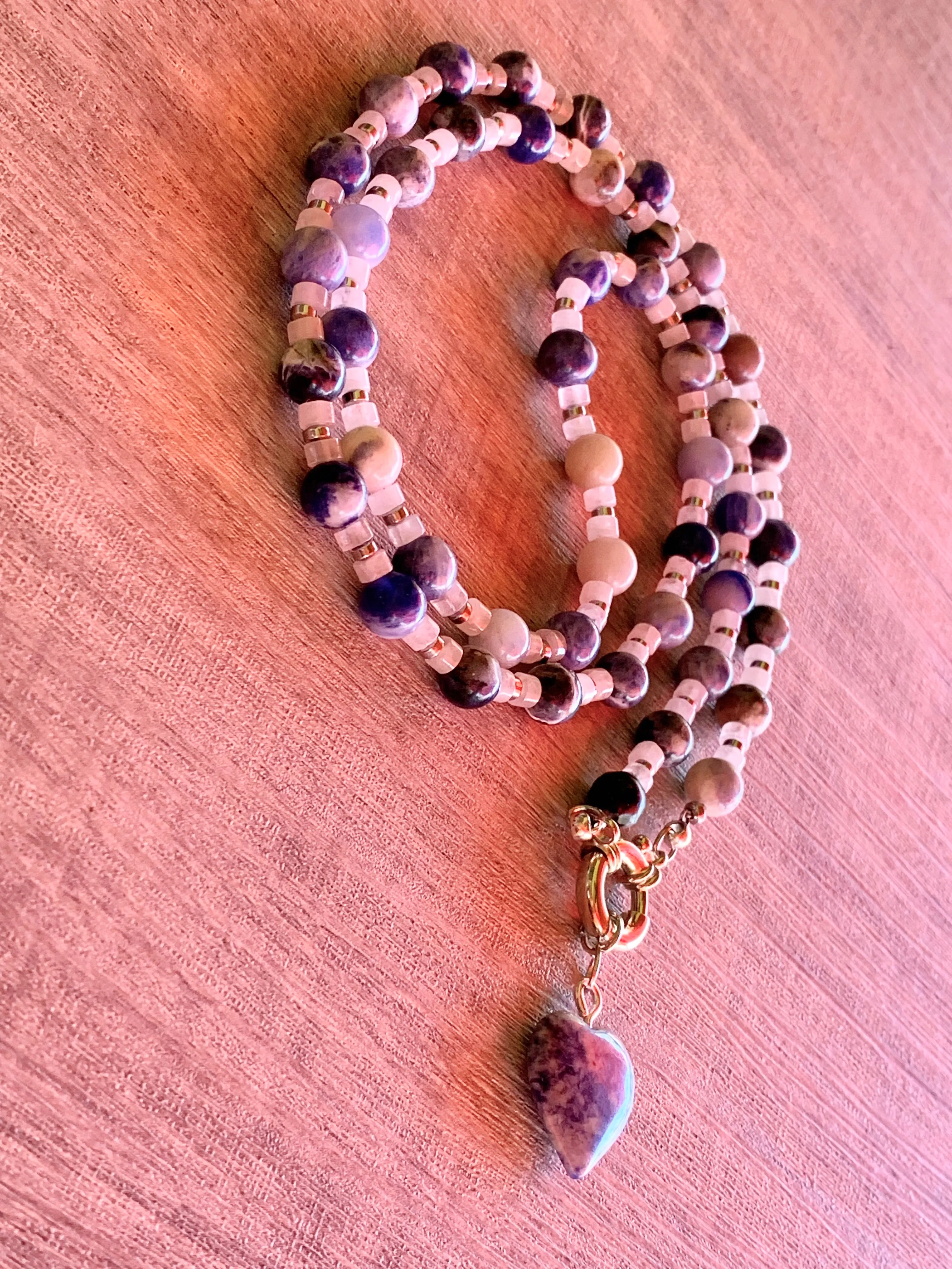 Belinda Handmade Sodalite, Moonstone, and Silver Plated Hematite 30" Necklace with Sodalite Heart Pendant