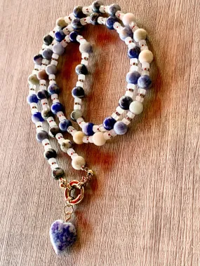 Belinda Handmade Sodalite, Moonstone, and Silver Plated Hematite 30" Necklace with Sodalite Heart Pendant