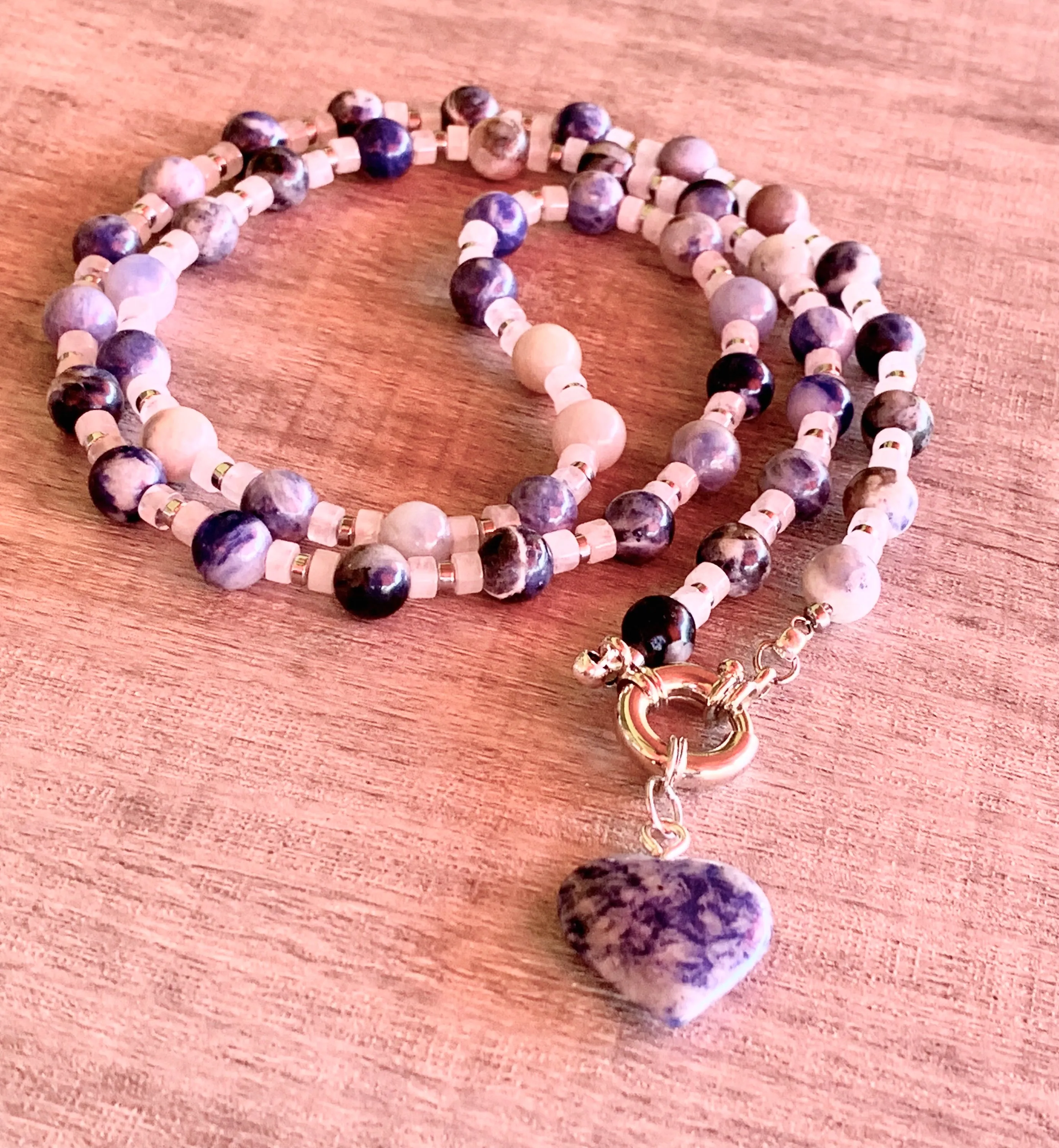 Belinda Handmade Sodalite, Moonstone, and Silver Plated Hematite 30" Necklace with Sodalite Heart Pendant