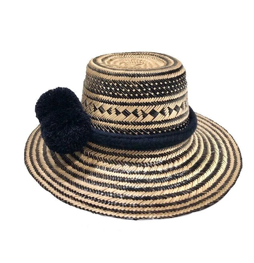 Black Handwoven Hat with Colorful Pompom Band