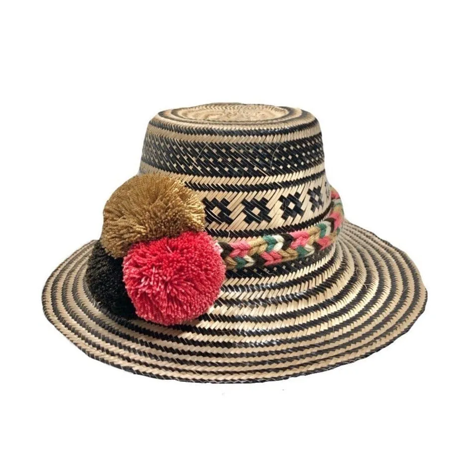 Black Handwoven Hat with Colorful Pompom Band