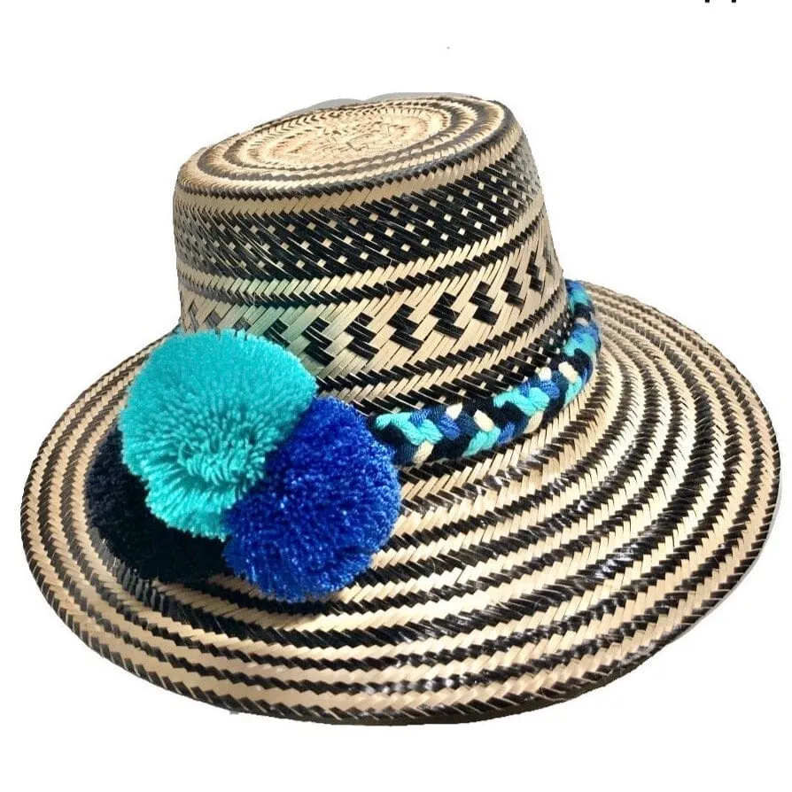 Black Handwoven Hat with Colorful Pompom Band