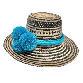 Black Handwoven Hat with Colorful Pompom Band