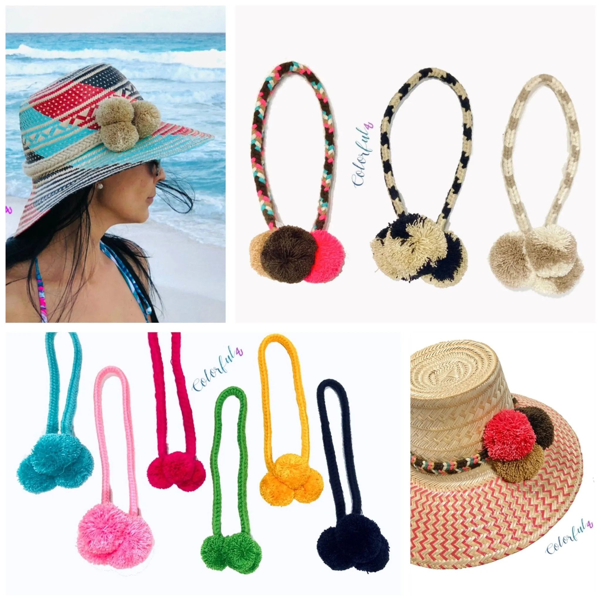 Black Handwoven Hat with Colorful Pompom Band