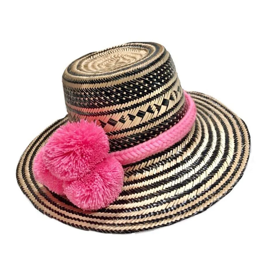 Black Handwoven Hat with Colorful Pompom Band