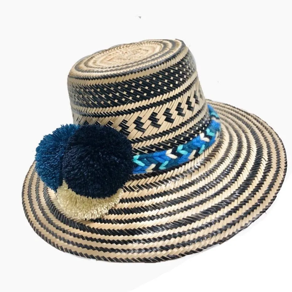 Black Handwoven Hat with Colorful Pompom Band