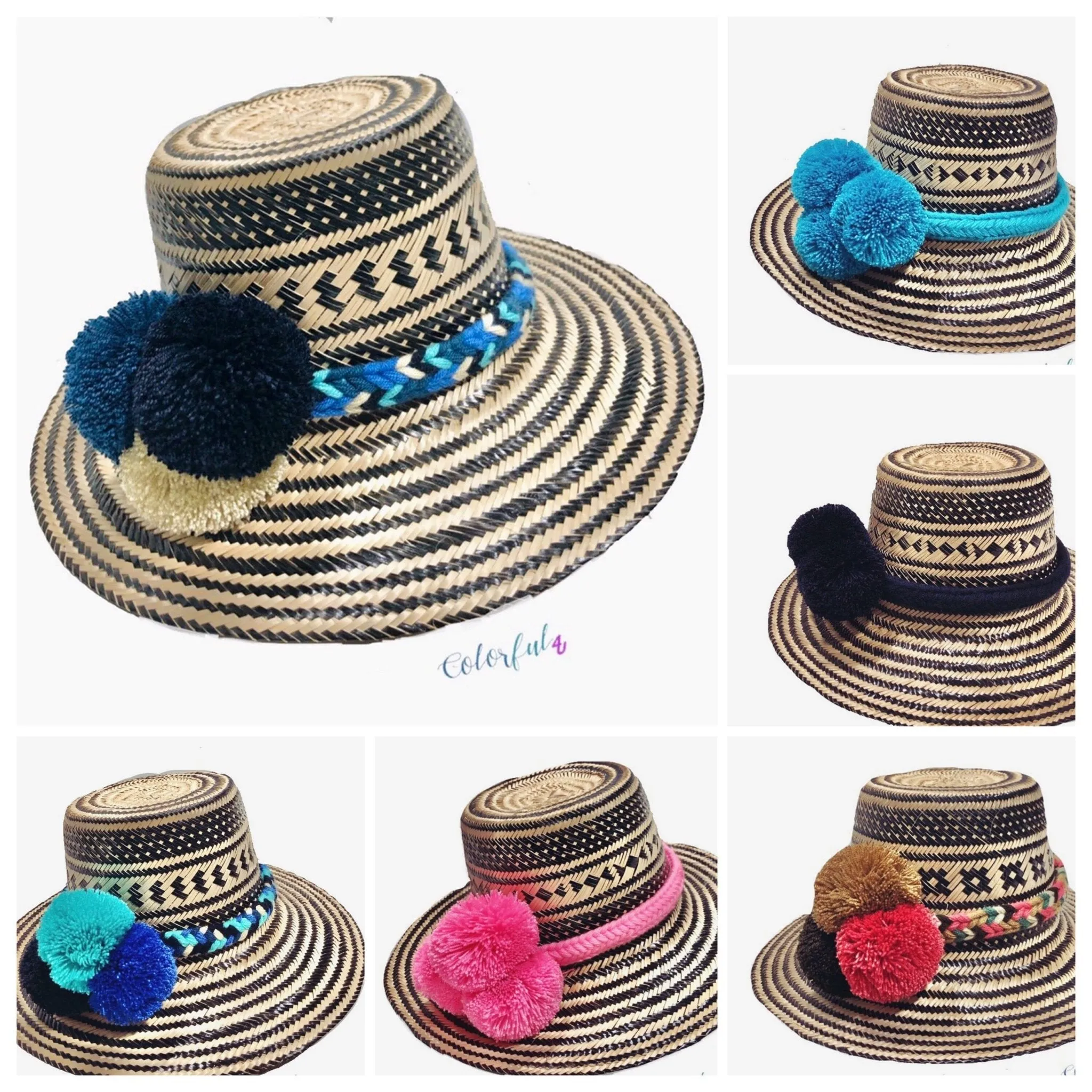 Black Handwoven Hat with Colorful Pompom Band
