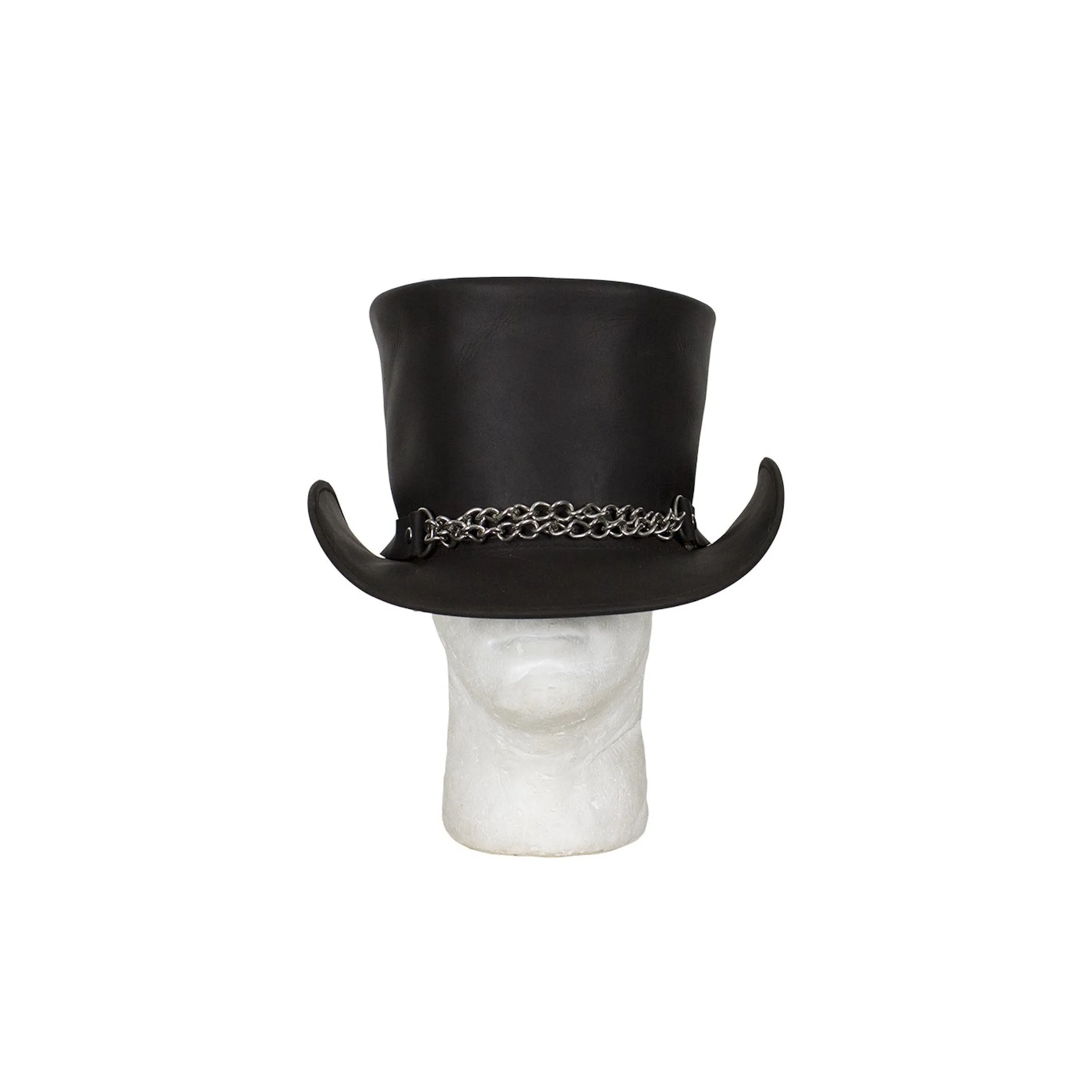 Black Naked Leather Deadman Top Hat With Chrome Chain