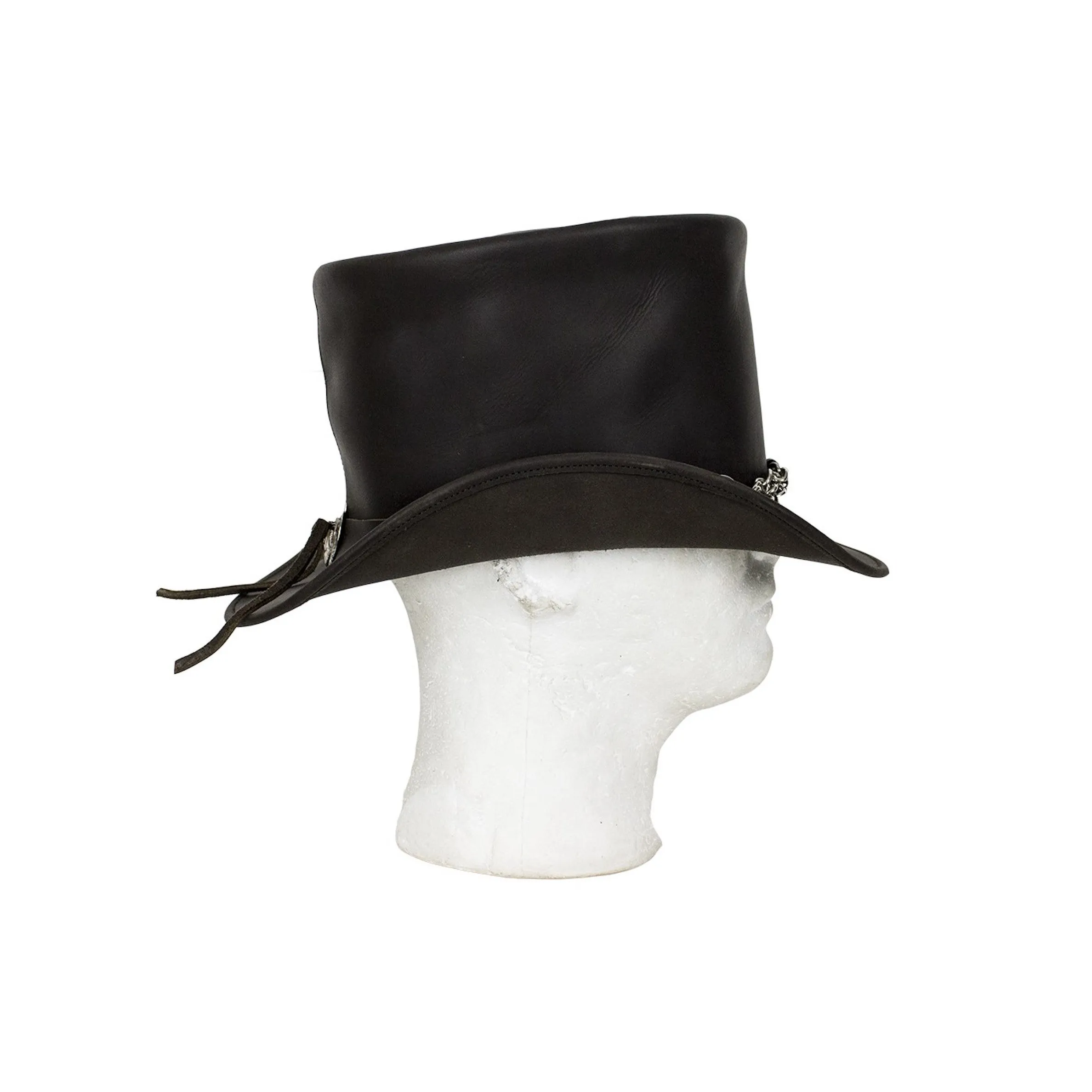 Black Naked Leather Deadman Top Hat With Chrome Chain